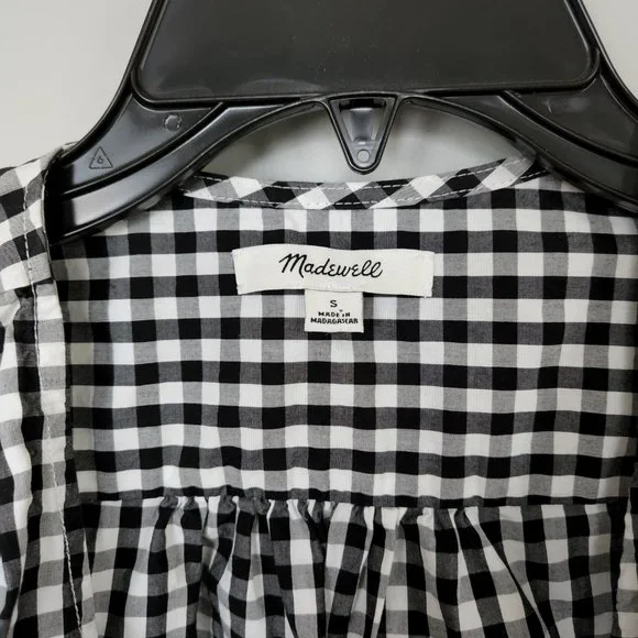 Madewell | Black and White Gingham Short Sleeve Wrap Top with Tie Waist, Size S - Picture 6 of 11